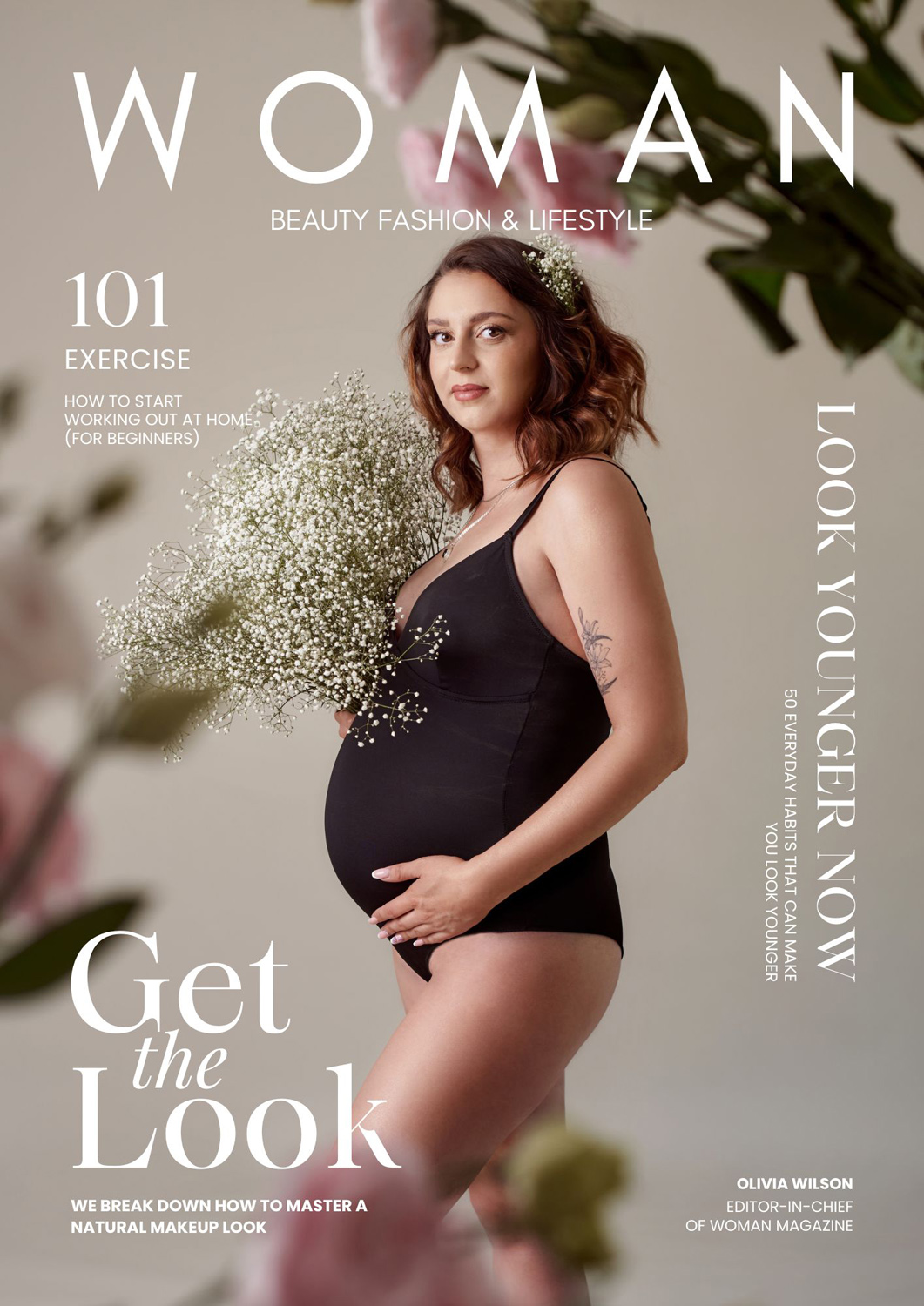 okładka magazynu, efekt sesji ciążowej wykonanej we Fleszka Studio Fotogaficznym w Częstochowie, przez fotografa. Sesja zdjęciowa w kwiatach.